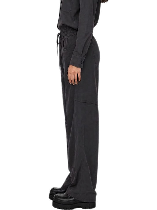 Damen Hochbund Stoff Hose mit Gummiband in Balloon Bein Stil Schwarz W27B6169-Schwarz