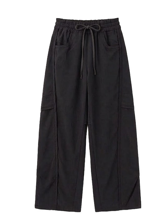 Damen Hochbund Stoff Hose mit Gummiband in Balloon Bein Stil Schwarz W27B6169-Schwarz