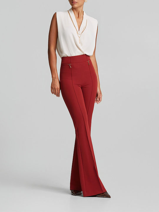 Women's High Rise Fabric Flared Trousers in Regular Fit Red