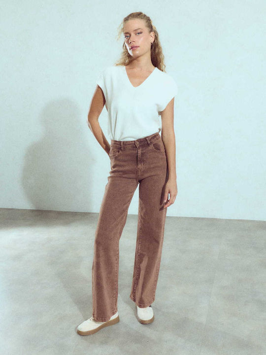 Celestino Γυναικείο Τζιν Wide Leg Loose Fit Καφέ