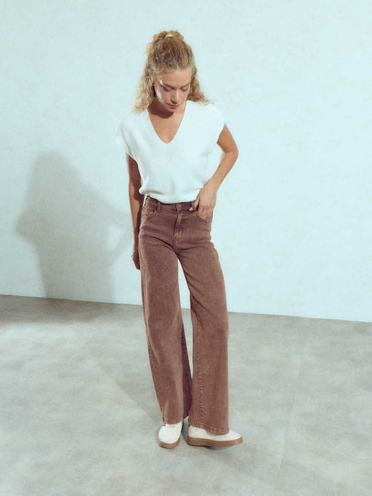Celestino Γυναικείο Τζιν Wide Leg Loose Fit Καφέ
