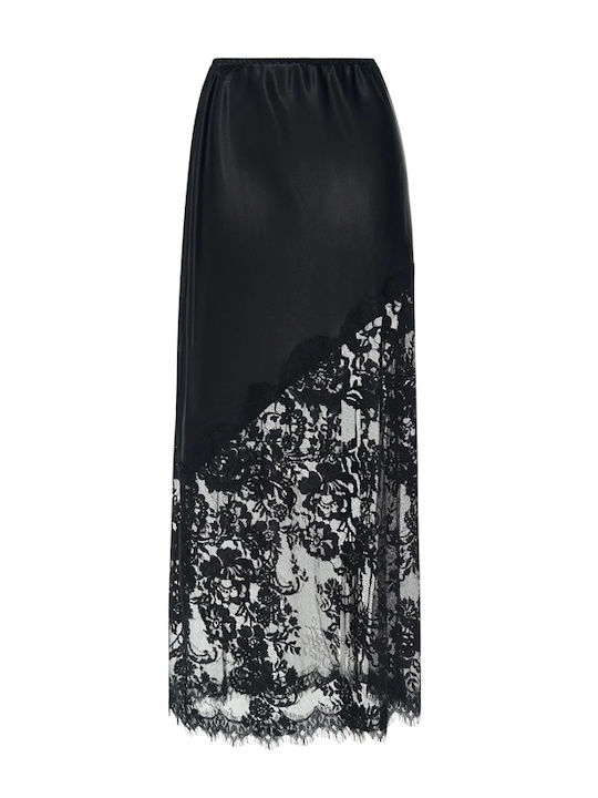 Satin Hohe Taille Midi Damenrock Schwarz 64-6016-126-Schwarz