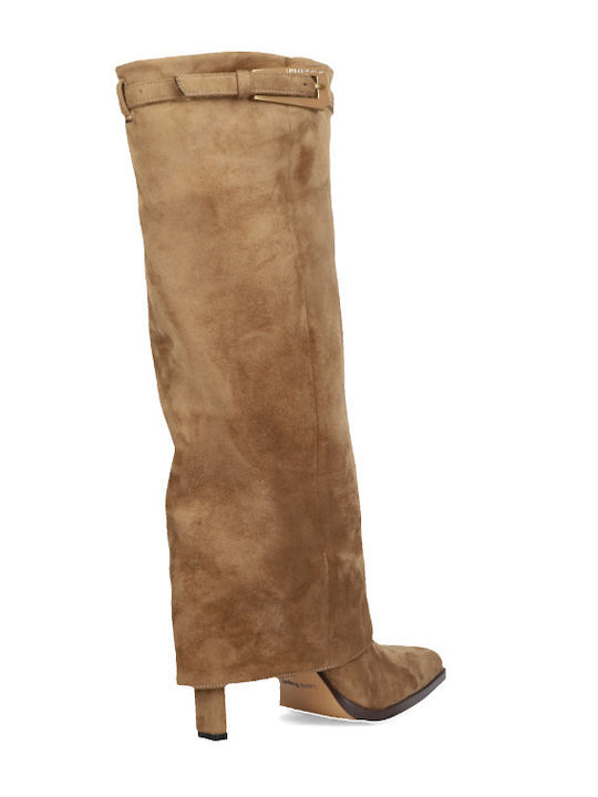 Suede Women's Boots with Mid Heel Beige