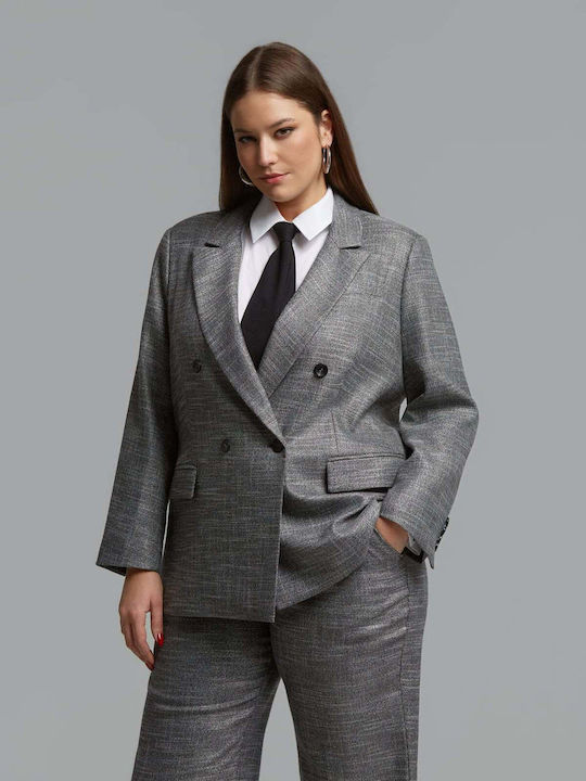 Mat Fashion Дълго Дамско Строено Сако Сребристо