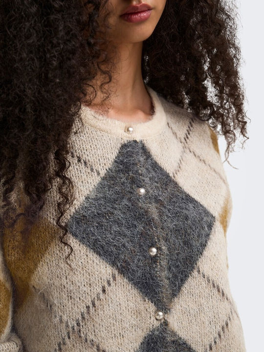 Short Women's Knitted Cardigan with Buttons Beige