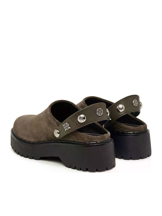 Damen Pantoletten mit Absatz in Khaki Farbe