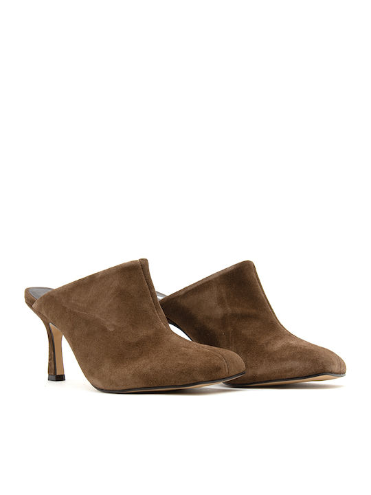 Suede Damen Pantoletten mit Hoch Absatz in Brauner Farbe