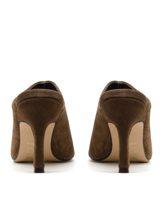 Suede Damen Pantoletten mit Hoch Absatz in Brauner Farbe