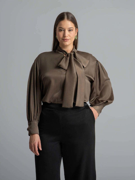 Bluza Damă Satin Mânecă Lungă Maro