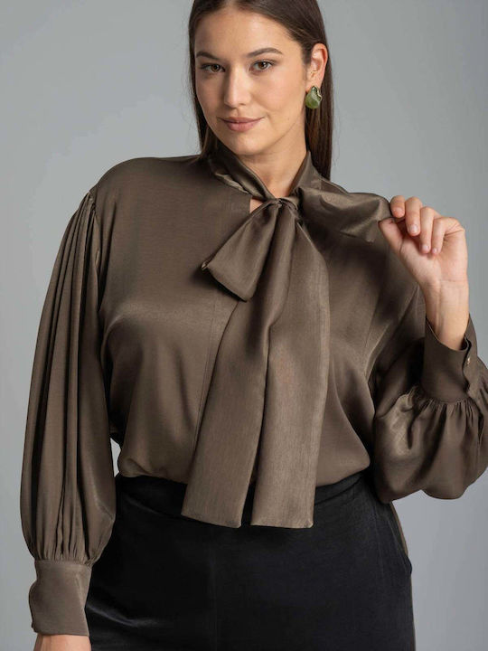 Bluza Damă Satin Mânecă Lungă Maro