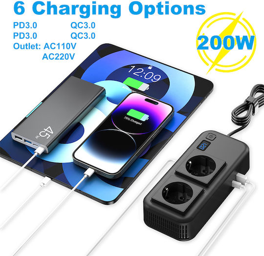 Powertech Car Power Inverter Ptl-029 200W 12V/24V DC 2x 110V/220V AC 2x USB-C/2x USB 5210131162699