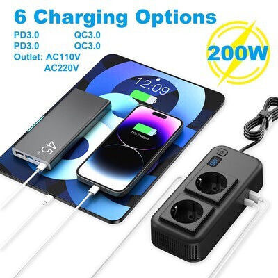 Powertech Car Power Inverter Ptl-029 200W 12V/24V DC 2x 110V/220V AC 2x USB-C/2x USB 5210131162699