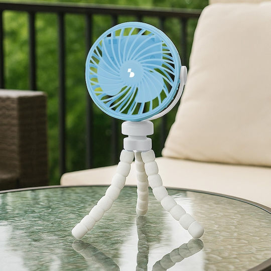 Ventilator Portabil Mic Beper P206ven431 Picioare Flexibile Tip Trepied Reîncărcabil Usb-c 3 Viteze Rotație 360° Lumină Led Integrată Cărucior Copil Mașină Birou Camping Alb Albastru