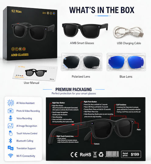 S2-Max-BLACK Intelligente Brillen Schwarze