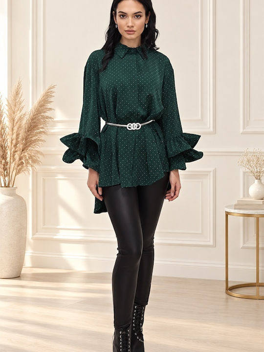 Дълъг Ръкав Дамска Кожена Риза Emerald Green