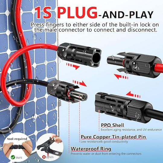 Set de Cabluri Solare de Extensie Typec pentru Panouri Fotovoltaice 2x9.2 M 30 Ft 12 Awg 4 Mm² Conectori Impermeabili Mc4 Masculini Feminin Roșu Negru