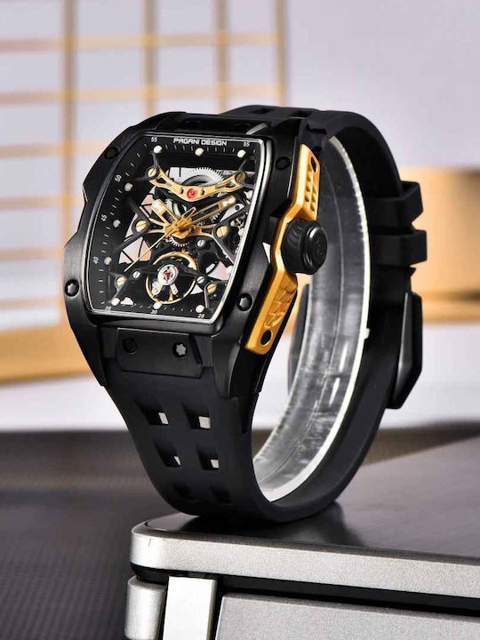 Pagani Design Pd-ys018 Ceas bărbătesc 42mm Automat cu Curea din Cauciuc Black/gold