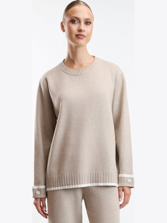Women's Beige Set with Trousers in Loose Fit Striped