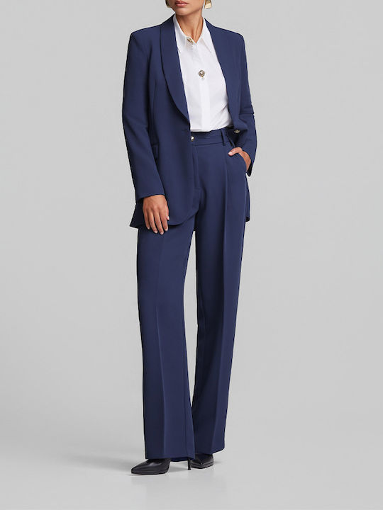 Women's High Rise Crepe Trousers in Loose Fit Blue