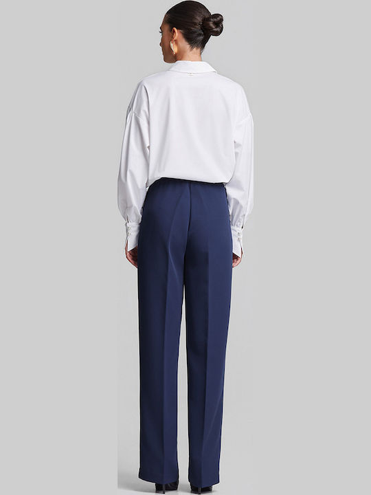 Women's High Rise Crepe Trousers in Loose Fit Blue