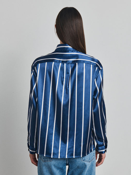 Langärmeliges Damenhemden Satin Blauen Gestreift