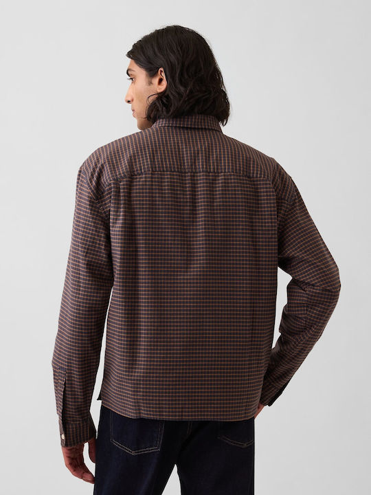 Long Sleeve Checked Brown & Navy Blue Plaid
