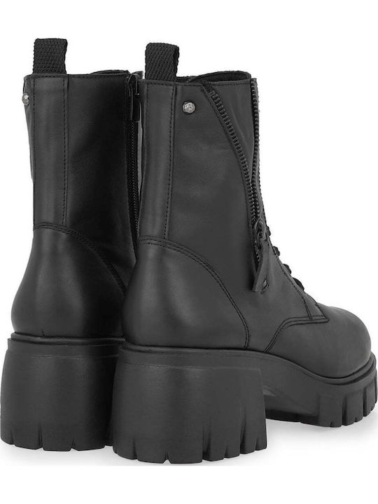 Leder Damen Kampfstiefel mit Mittelhohem Absatz Schwarz