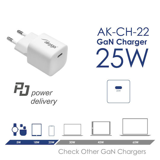 Akyga Зарядно Устройство Без Кабел GaN с USB-C Порт 25W Power Delivery Бял (AK-CH-22)