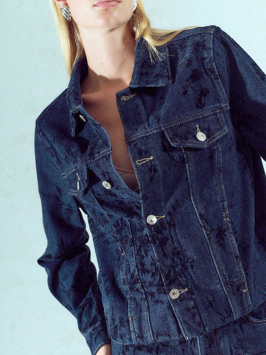 Γυναικείο Μπουφάν Denim Ανάγλυφες Λεπτομέρειες Σκούρο Μπλε