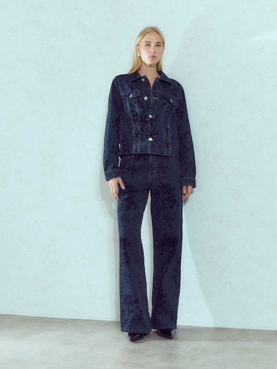 Celestino Women's Wide-Leg Jeans with Textured Details Loose Fit Dark Blue
