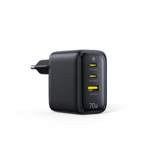 Baseus Φορτιστής Χωρίς Καλώδιο με Θύρα USB-A και 2 Θύρες USB-C 70W Μαύρος (Enerfill FE22)
