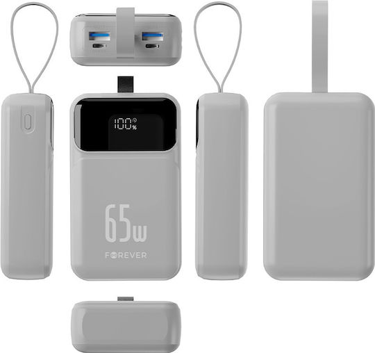 Forever Vibe-TB65 Baterie Externă 20000mAh 65W cu 2 Porturi USB-A și 2 Porturi USB-C Power Delivery / Încărcare Rapidă Argintie