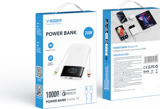 Veger Fuerza 10 Външна батерия 10000mAh 20W с USB-A порт и 2 USB-C порта Power Delivery / Quick Charge Бяла