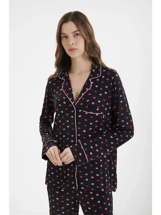 DKNY Летен Дамски Комплект Пижами Черен С Червени И Розови Устни