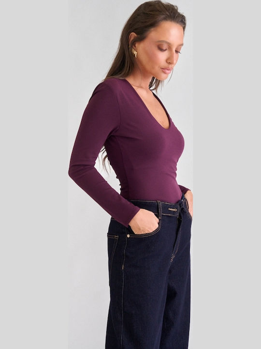 Damen-Bodysuit Mit Tiefem Ausschnitt Burgundisch