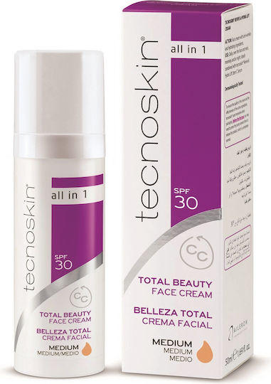 Tecnoskin All In 1 CC Medium Light Face Cream with SPF30 for Moisturizing, Anti-aging & Blemishes with Collagen 50ml
