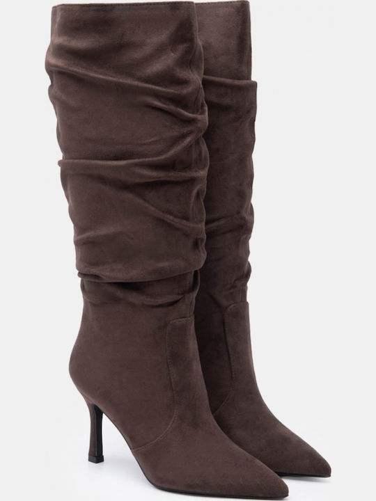 Suede Women's Boots with High Heel Khaki