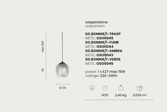 Ondaluce Bonnie Pendant Light Green with Socket E27 20cm