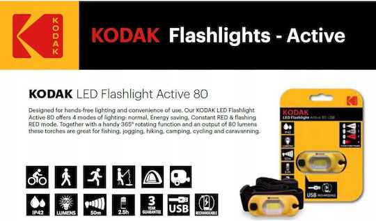 Kodak Rechargeable LED Head Flash Light with Maximum Brightness 80lm
