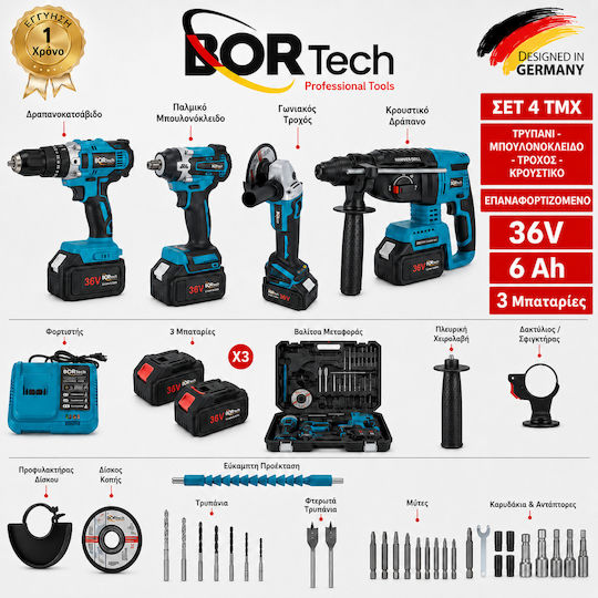 Homeone Bortech CT4 Set Eckiges Rad & Bohrschrauber & Schraubenzieher & Schlagbohrschrauber 36V mit 3 Batterien 6Ah und Hülle