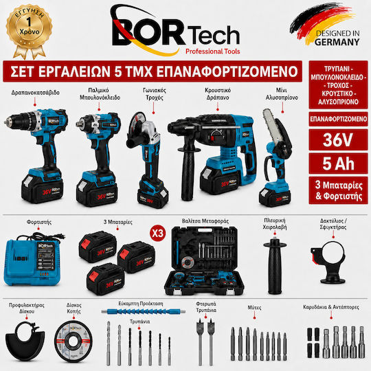Bortech Set Chainsaw & Angle Wheel & Impact Drill Driver & Excavator Brushless 36V with 4 Batteries 5Ah
