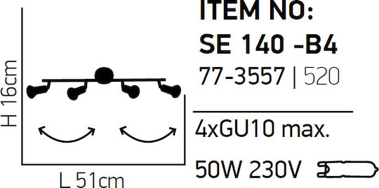 Home Lighting Spot with 4 Lights and with Socket GU10 in Black Color