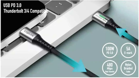 LogiLink Geflochtenes LED USB 2.0 Kabel USB-C männlich - USB-C 100W PD Schwarz 3m CU0425
