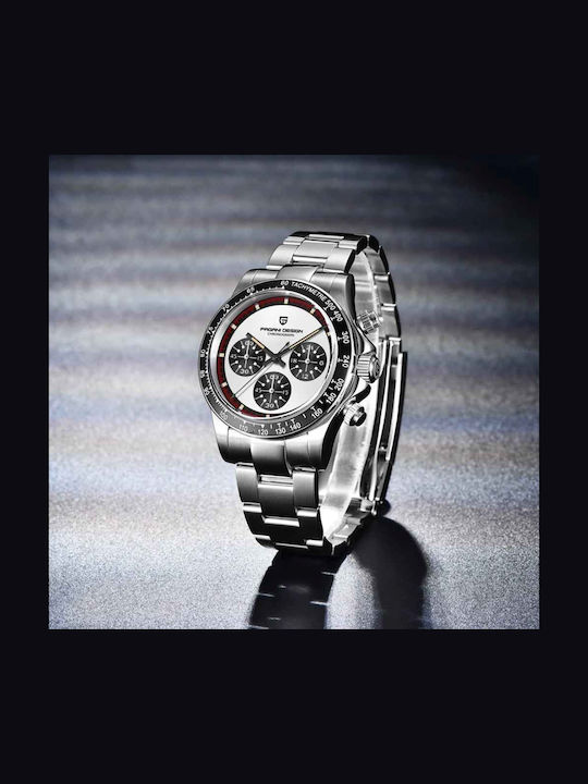 Pagani Design Ceas bărbătesc 40mm Cronograf cu Baterie și Brățară din Oțel White/panda