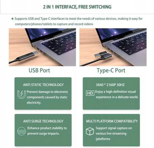 Система за предаване на сигнал Av PremiumCord HDMI Capture Grabber Запис на видео сигнал Audio Компютър Портове Usb3.0 Usb-c