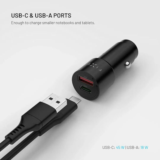 Fixed Auto-Adapter 63W Schnellladen mit Anschlüssen: 1xUSB-A 1xType-C Farbe Schwarz
