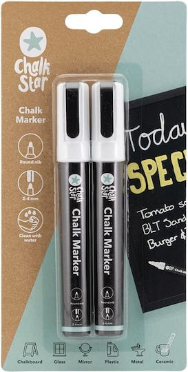 Set Of 2 Chalkstar Liquid Chalk Markers Round Tip 2-4 Mm White Ink Water-Based Non-Toxic Easy To Erase Liquid For Windows Showcases Blackboards Mirrors Non-Porous Surfaces
