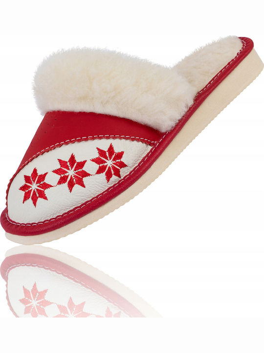 Leather Winter Women's Red Slippers