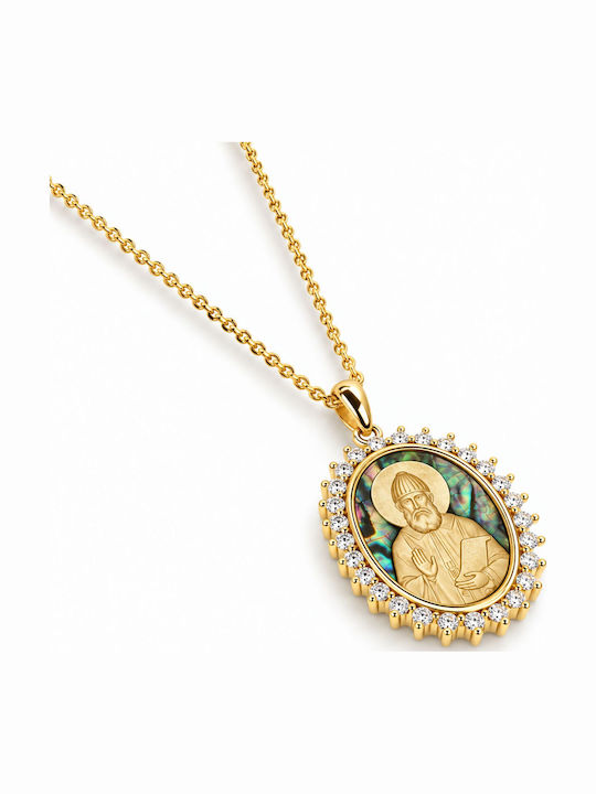 Ulysses Silver Pendant "Saint Paisios" Silver 925 14k Gold Plating Zircon Nacre Chain Gold Plated Silver 925