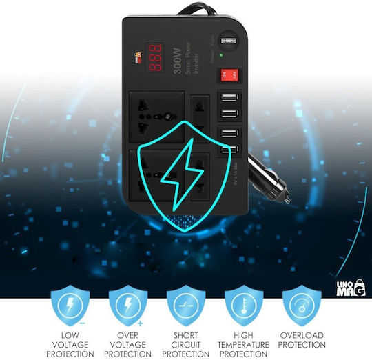 Portable Car Voltage Inverter Linomag 12v Dc To 220v Ac 300w Digital Display Universal Eu Uk Usa Au Outlets 4.1a Usb Overvoltage Protection Black